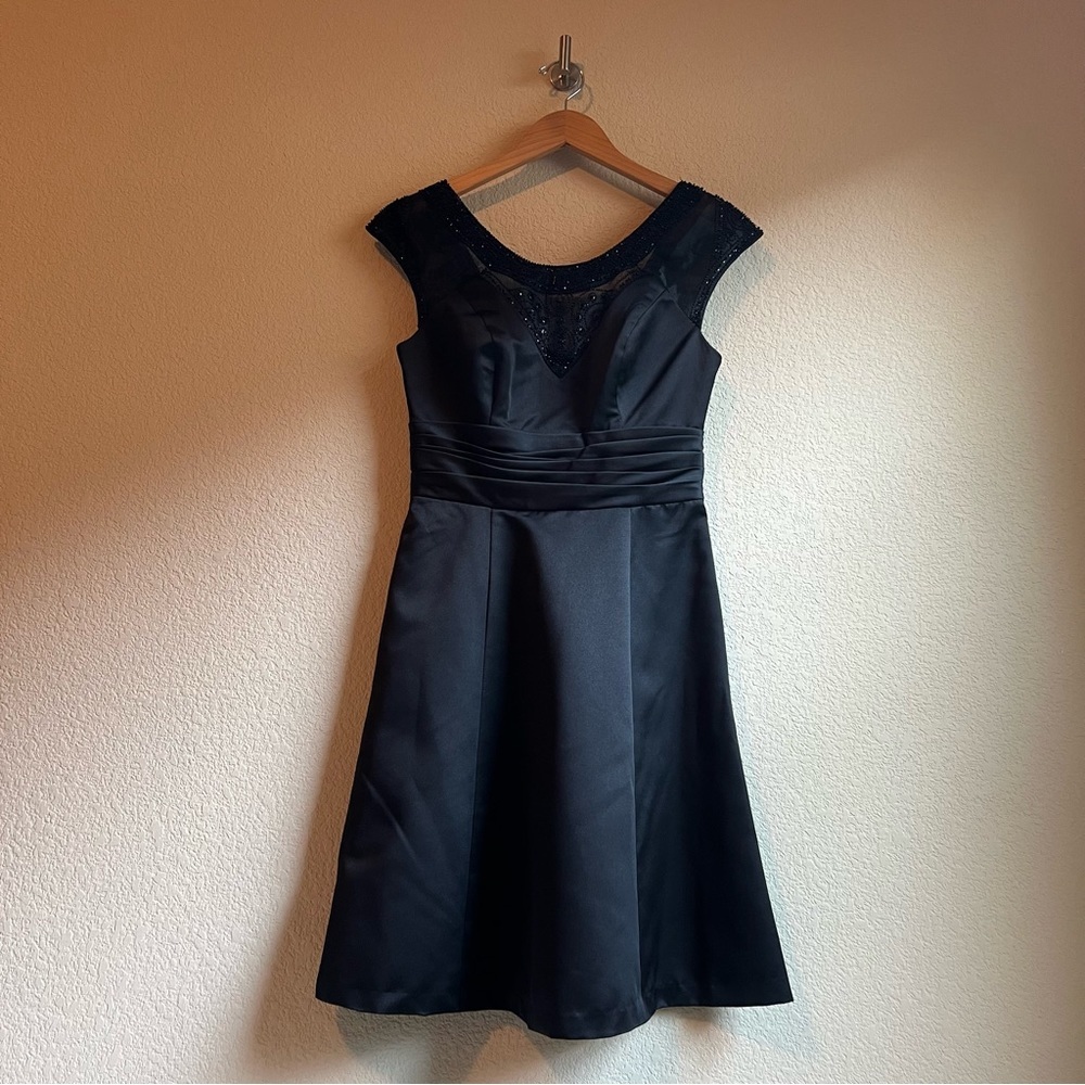 NWT David's Bridal Black Beaded Formal Satin Organza A-line Mini Dress, 2